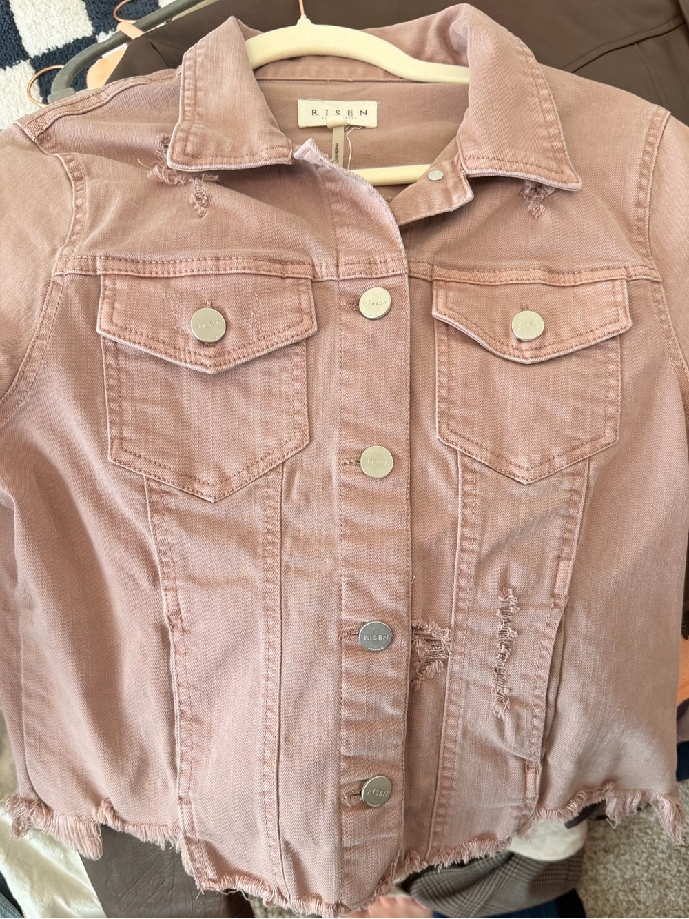 Risen Women's Dusty Pink Distressed Denim Jacket